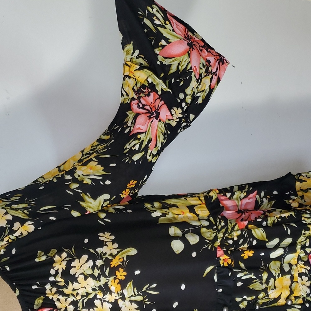 Rachel Zoe Size L Tunic Black Chiffon Floral Swing Cover-up Long Sleeve Spring - Picture 10 of 16